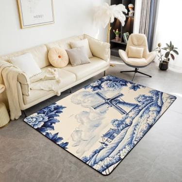 Imagem de Erosebridal Tapete vintage holandês para moinho de vento, 1,88 m x 1,15 m x 1,28 m, tapete rústico para casa de fazenda, interior, retrô, azul, floral, decorativo, lavável