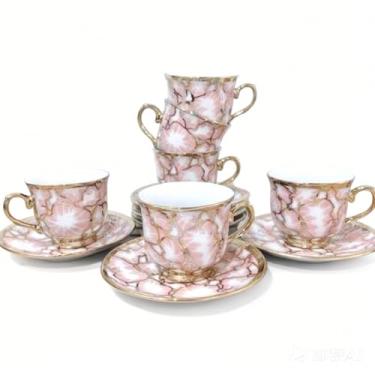 Imagem de Conjunto De Xicaras Com Pires De Cafe Porcelana Kit 12 Pecas Luxo Cerâmica Presente (Modelo-9rosa (85mL))