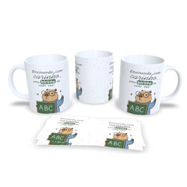 Imagem de Caneca de Cerâmica com Urso Professor, Frase Motivacional Educação, Design Aquarela Colorido Azul Verde Bege, 325ml, Resistente a Microondas (9)