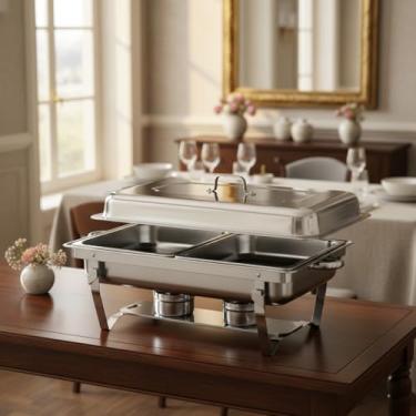 Imagem de Rechaud Retangular Inox 12 Litros Banho Maria 2 Cubas para Buffet Restaurante Churrasco