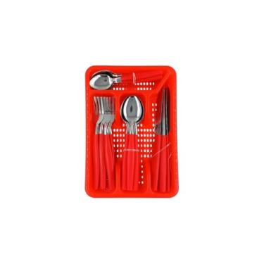 Imagem de Jogo de Faqueiro 25 Peças com Porta Talher, Aço Inox, Vermelho, 6 Pessoas, 06 Colheres de Mesa, 06 Garfos, 06 Facas, 06 Colheres Sobremesa