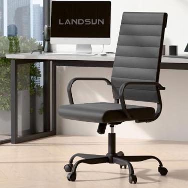 Imagem de LANDSUN Cadeira executiva de escritório em casa, cadeira executiva de couro canelado para computador com apoios de braços, almofada macia, altura ajustável, estrutura preta