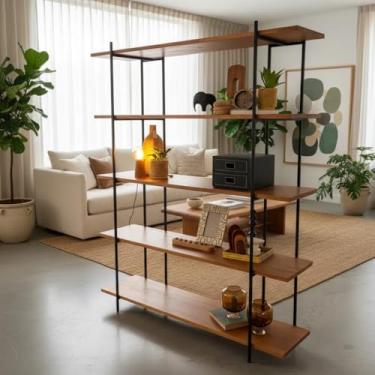 Imagem de Loncie, Estante de Madeira com Estrutura Metálica Preta 5 Prateleira