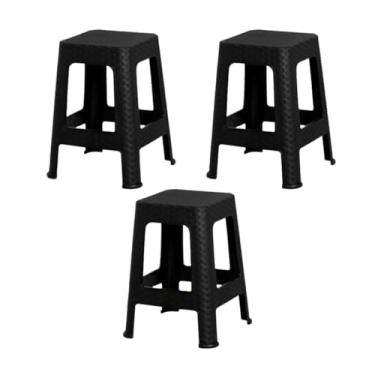 Imagem de Kit 3 Banqueta Quadrada Rattan Plastico Reforçado Banco Multiuso Empilhavel Plastico Resistente Casa Bar Restaurante(Preto)