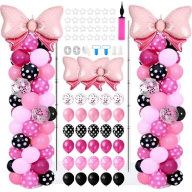 Imagem de Conjunto de 2 conjuntos de kit de suporte de coluna de balão de aniversário com tema de mouse ajustável de bolinhas rosa preto branco guirlanda de arco para chá de bebê menina decoração de festa de
