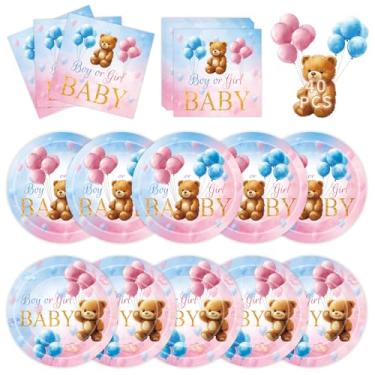 Imagem de 40 peças decorações de revelação de gênero - pratos e guardanapos para meninos ou meninas, rosa e azul, pratos de papel de urso de bebê, guardanapos, talheres descartáveis para gênero, suprimentos de