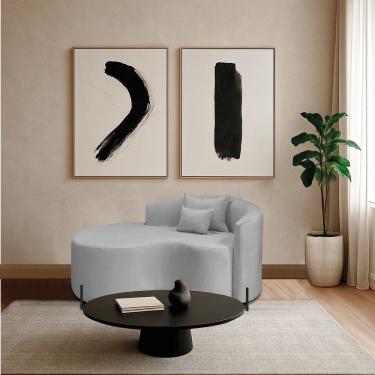 Imagem de Divã Recamier Curvo Sala De Estar Recepção Inglaterra 150cm Pés Metal Preto Lado Esquerdo Linho