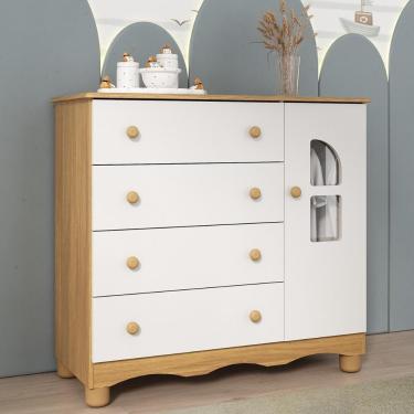 Imagem de Cômoda Infantil 95cm 1 Porta Com Vidro E 4 Gavetas Aurora Multimóveis MP4499 Madeirado/branco