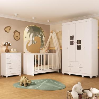 Imagem de Quarto De Bebê Completo Com Berço 3 Em 1 Para Colchão 130x60cm Sol Multimóveis MP4522 Branco