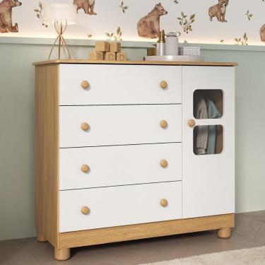 Imagem de Cômoda Infantil 95cm 1 Porta Com Vidro E 4 Gavetas Sol Multimóveis MP4422 Madeirado/branco