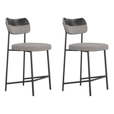 Imagem de Kit 02 Banquetas Médias Cozinha Lila Com Encosto Couríssimo Preto Linho Cinza - Desk Design