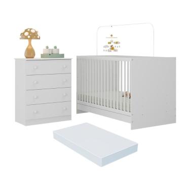 Imagem de Berço 3 em 1 com Colchão Incluso e Cômoda 4 Gavetas Brisa Multimóveis MP4775 Madeirado/Branco