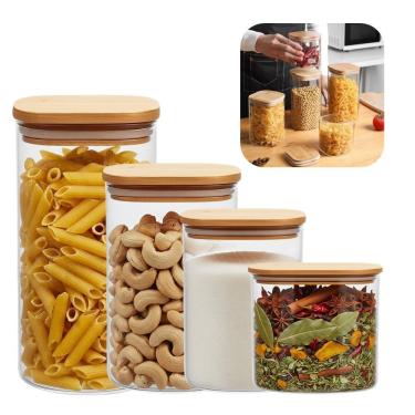 Imagem de Kit 4 Pote De Vidro Com Tampa De Bambu Hermético Porta Mantimentos Organizador Quadrado Em Casa Tem