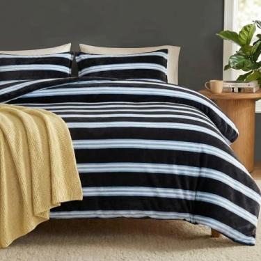 Imagem de Bedbay Conjunto de edredom queen listrado de veludo luxuoso, macio, quente, veludo, fofo, 3 peças, azul e preto, conjunto de cama queen para todas as estações