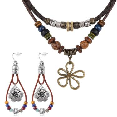 Imagem de Colar Multi Camada Contas Madeira com Brincos Flor, Colares Boho Hippie com Pingente Flor Vazado Joalheria Boêmia para Homens Mulheres Concerto Música Country Oeste