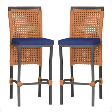 Imagem de 2 Banqueta Em Alumínio Roma Preta Corda Náutica Tecido 10 Terra Cota