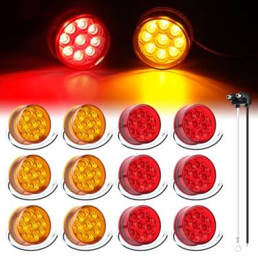 Imagem de TMH Pacote com 12 mini marcadores laterais redondos de 5 cm, 6 âmbar + 6 luzes vermelhas com refletores, luzes de folga de 9 LEDs, trança de arame selada à prova d'água para caminhão de reboque, van e