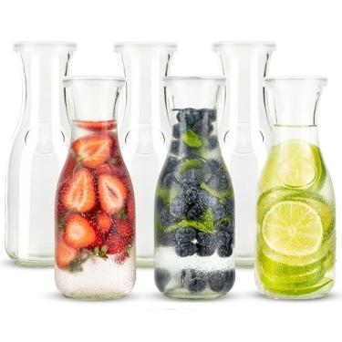 Imagem de Jarras de vidro da Kook, mini jarras - conjunto de 6, dispensadores de bebidas, frascos transparentes para mimosas, água, vinho, leite e suco, com tampas de plástico, pode ser lavado na lava-louças,