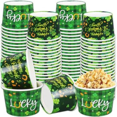 Imagem de JarThenaAMCS 50 peças de copos descartáveis para lanche do dia de São Patrício Tigelas de papel trevo da sorte xadrez verde para suprimentos de férias irlandesas, 227 g