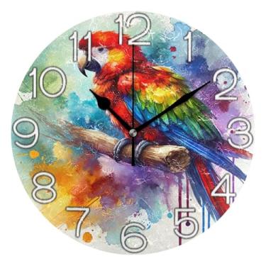 Imagem de GAIGEO Relógio de parede decorativo analógico relógio de cozinha rústico operado a pilha, decoração de sala de estar, arte moderna, colorido papagaio aquarela, 25 cm, ponteiros pretos