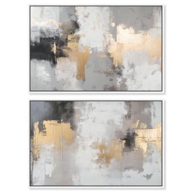 Imagem de Conjunto de 2 arte de parede para sala de estar com impressão abstrata harmonia de luxo neutro por Art Remedy, moldura branca, 61 x 40 cm