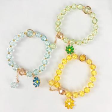 Imagem de 3 pulseiras femininas com pingente de margarida – Conjunto elástico com contas de cristal e vidro da sorte, joia boho chique colorida da amizade, presente de aniversário e dia dos namorados para ela