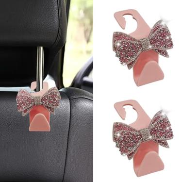 Imagem de JYIS 2 ganchos para bolsa de carro, laço de strass de cristal brilhante, ganchos de encosto de cabeça para assento de carro, ganchos de armazenamento traseiro para bolsas, bolsas de mantimentos