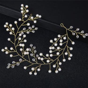 Imagem de Pulseira de cabelo com contas torcidas de cristal pérola acessórios de cabelo de corrente macia (ouro)