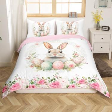 Imagem de Manfei Jogo de cama solteiro para meninas coelho, flor de ovo rosa, floral, capa de colcha de fada sonhadora (sem edredom), decoração de quarto rosa e verde, 1 fronha