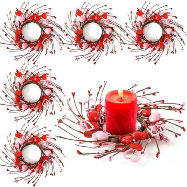 Imagem de 8 peças de anéis de vela de dia dos namorados, grinaldas, coração de madeira, vermelho, rosa, coração artificial, bagas, castiçais, mini grinaldas, decoração para o dia dos namorados, acessórios de