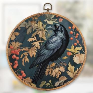 Imagem de XFN Decoração de parede redonda de corvo escuro vintage, arte de parede redonda botânica de corvo gótico, decoração de impressão pendurada Dark Academia para decoração moderna de casa de fazenda