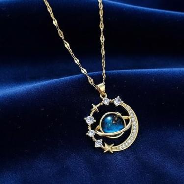 Imagem de Colar de ouro feminino - pingente de lua celestial e estrela com pedra preciosa, Small, Metal, Sem Pedra Preciosa