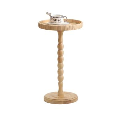 Imagem de HuiDao Mesa lateral pequena, mesas redondas de vime para pequenos espaços, mesa de centro com detalhes em círculo boho com perna de madeira maciça para sala de estar, mesa de pedestal para quarto