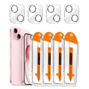 Imagem de Pacote com 4 + 4 protetores de tela compatíveis com iPhone 15 de vidro temperado de 6,1 polegadas com acessórios de protetor de lente de câmera, kit de instalação premium mais fácil 9H, compatível com