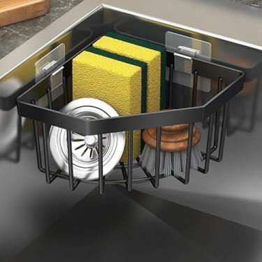 Imagem de Organizador de pia de cozinha que economiza espaço - cesto de drenagem triangular resistente com descanso de esponja, escorredor de pratos (preto)