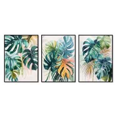Imagem de Arte de parede de folhas tropicais – Impressão de folha de palmeira verde aquarela, pôster Monstera, decoração de plantas tropicais modernas para sala de estar em casa (SKU4-3PCS, 20.3x30.5 cm =