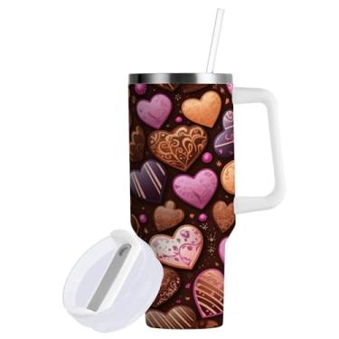 Imagem de ATTX Copo de coração de chocolate de 1,134 g com alça - Caneca de viagem de aço inoxidável isolada a vácuo, xícara de café à prova de vazamento com canudo #290