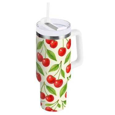 Imagem de SEHANY Copo de cereja fofo de 850 g com alça, copo isolado a vácuo de aço inoxidável de parede dupla, caneca de café à prova de vazamento, copo de viagem isolado cabe no suporte de copo de carro