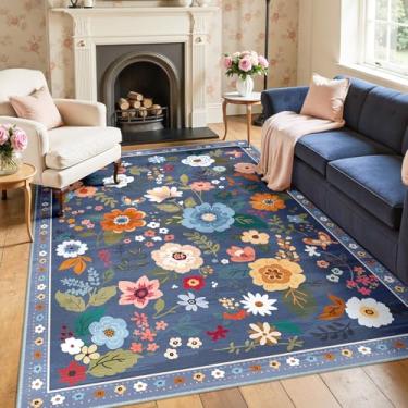 Imagem de RELEANY Tapete floral 12 x 20 cm lavável à máquina tapete boho macio tapete antiderrapante tapete de área de flores de pelo baixo para sala de estar, quarto, berçário, cozinha, sala de jantar