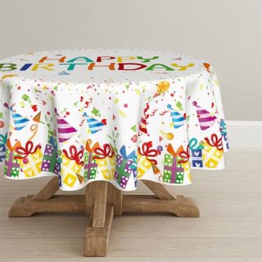 Imagem de Horaldaily Toalha de mesa redonda de aniversário de 177 x 178 cm, bola de feliz aniversário, branca, lavável, para decoração de festa, piquenique, jantar