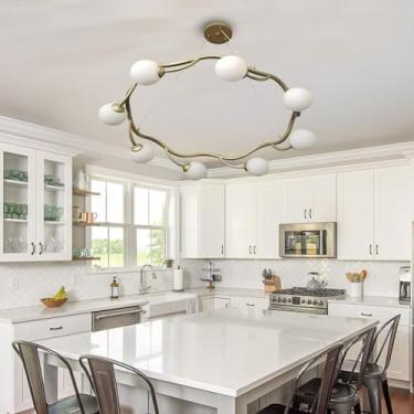 Imagem de Lustre de 8 lâmpadas com globo de vidro branco, estilo meados do século XX, com design moderno Sputnik, lâmpada G9, acabamento em latão escovado, ideal para sala de jantar, cozinha, ilha de