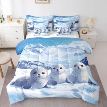 Imagem de Conjunto de edredom com estampa de desenho animado, animal selvagem ártico, tamanho casal, 7 peças para crianças, adolescentes, montanha, neve, geleira, conjunto de lençóis, fronhas, fronhas