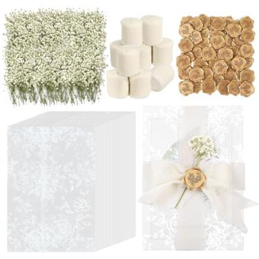 Imagem de Conjunto de 100 kits de convites de casamento, jaquetas de velino pré-dobradas para convites de 5 × 7 com adesivos de lacre de cera, fita e flores secas, acessórios elegantes de convite de casamento