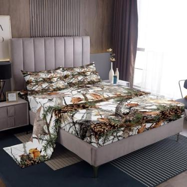 Imagem de Manfei Jogo de lençol solteiro solteiro com galho de árvore morta, folha de palmeira, rústico, rústico, decoração de quarto de meninos e meninas, casa de fazenda, 3 peças (elástico + 1 fronha)