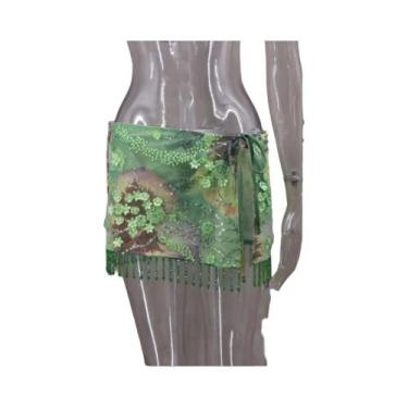 Imagem de Saia De Praia Verde Com Flores 3D Em Lantejoulas E Franjas Para Mulher