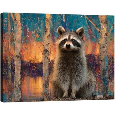 Imagem de Halioyo Arte de parede de guaxinim para sala de estar, adorável guaxinim pôr do sol, decoração de animais selvagens para quarto, dormitório, banheiro, corredor, decoração de parede de casa e