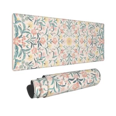 Imagem de Tapete de mouse grande para jogos, estampa de galáxia longa costurada com flor de cerejeira japonesa e mármore para casa e escritório (80 x 30 cm) (floral rosa)