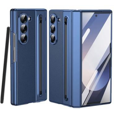 Imagem de Capa para celular Samsung Galaxy Z Fold 6 com protetor de tela integrado, capa flip de couro com caneta S e proteção de dobradiça, capa protetora à prova de choque para Samsung Z Fold 6 5G (azul)