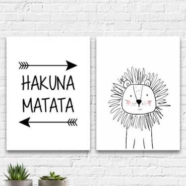 Imagem de Kit 2 Quadros Hakuna Matata Leãozinho 45X34Cm Moldura Branca