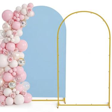 Imagem de Conjunto de suporte e capa de fundo de arco de metal de 2,5 m, suporte de arco de fundo de casamento dourado com capa, suporte de arco de balão com capa de arco branco para festa de aniversário, chá